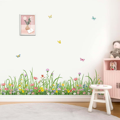 wondever Green Grass Floral Wall Decals Wildflower Wall Corner Stickers