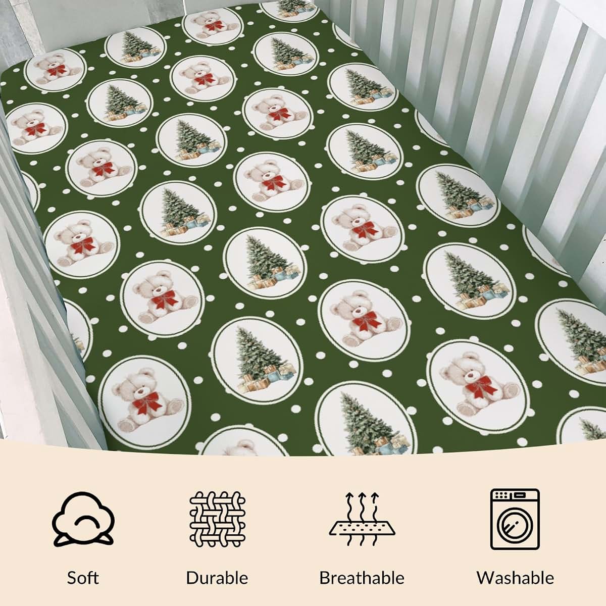 Cstdyfrv Green Christmas Bear Bows Baby Crib Sheets Cute Bear Christmas Trees Gifts Soft Baby Sheets Winter Holiday (photo 3)
