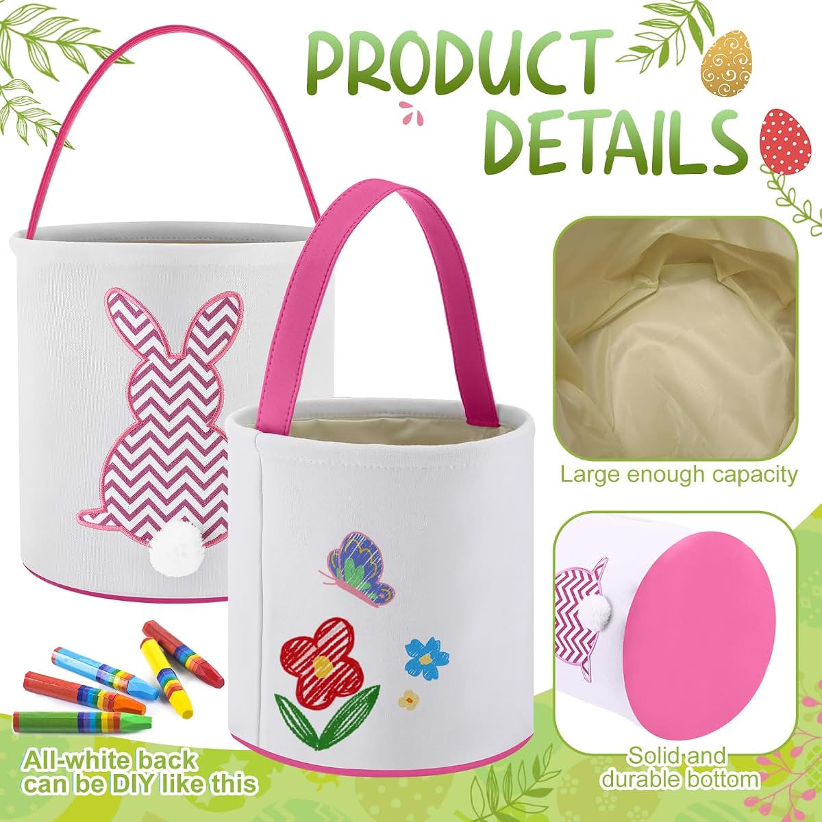 Honeydak 4 Pcs Bunny Easter Basket for Kids Canvas Egg Hunt Bag with Handle Pastel Stripe