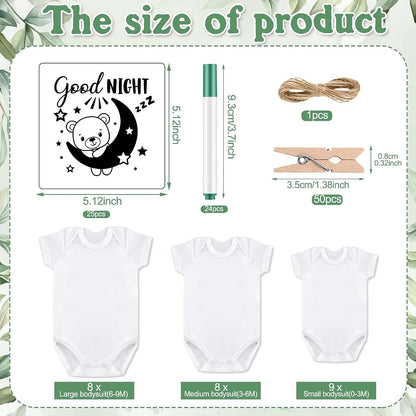 Panitay Baby Shower DIY Bodysuit Set with 25 Bodysuits, 25 Stencils, 24 Markers and Wooden Game Sign