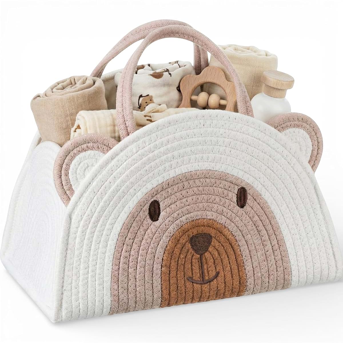 CimoroWin Large Baby Diaper Caddy Organizer, Bear Cotton Rope Storage Basket