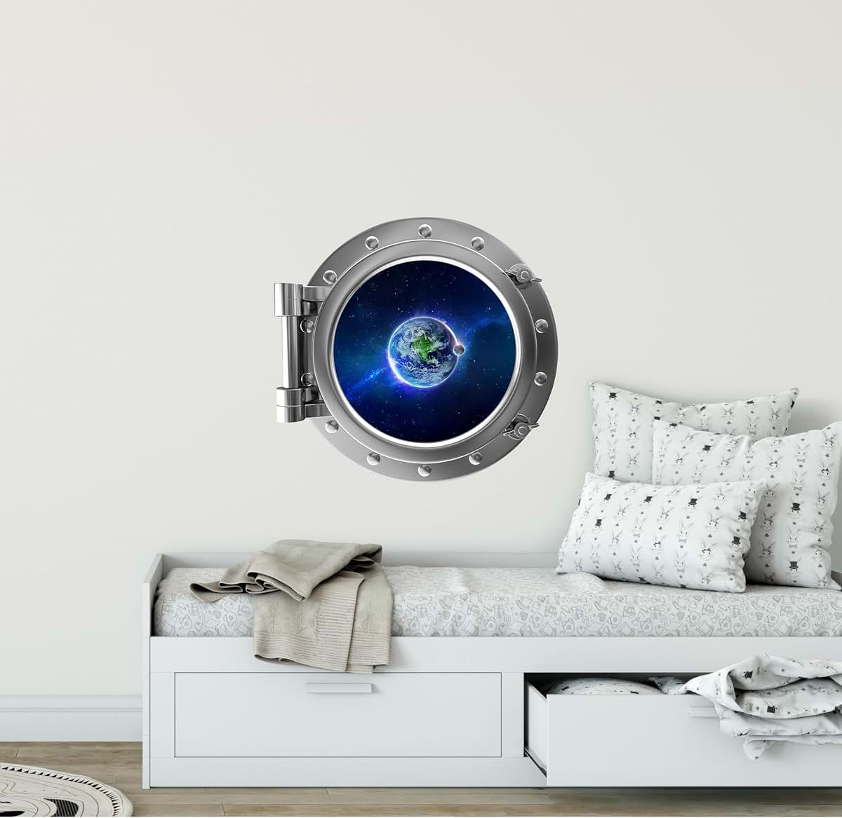 Stickit Graphix Earth Porthole Wall Decal – Space Window, Galaxy, Planet, Moon, Stars, Peel and Stick, Nursery