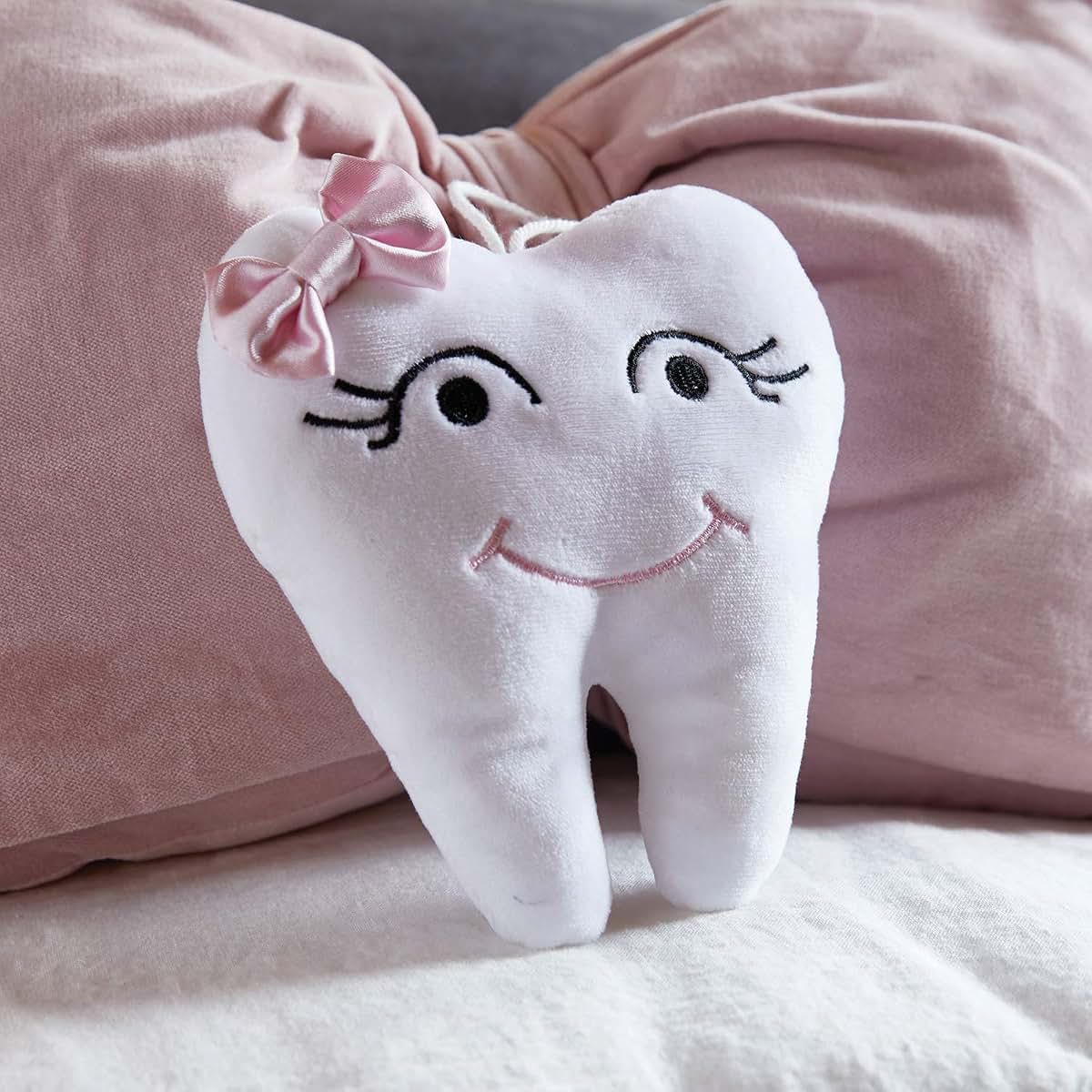 Stephan Baby Plush Tooth-Shaped Fairy Pillow, White with Pink Bow, 5 1/2 inch (photo 3)