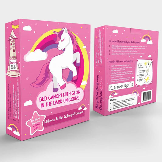 UB-STORE Pink Canopy for Girls Bed with Pre-Glued Glow-in-the-Dark Unicorns | Princess Mosquito Net Room Decor - Kids (photo 2)