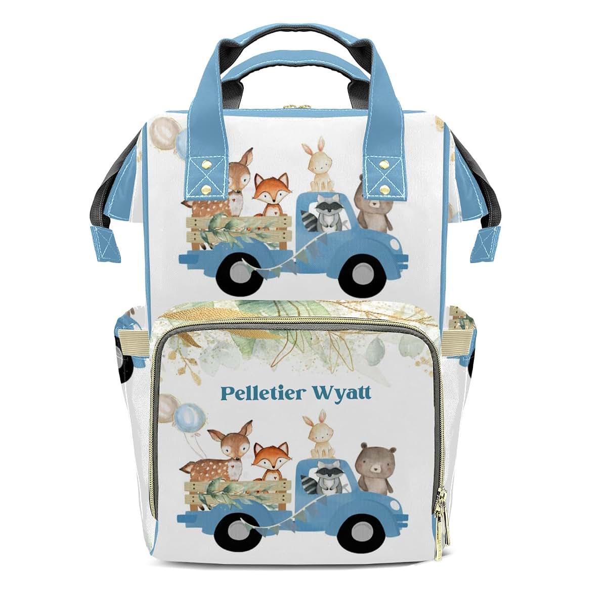 LiSoAkWE Animals Giraffe Bear Drive Blue Customizable Large Capacity Diaper Bag Personalized Name,Waterproof