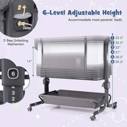 Baby Joy Bedside Bassinet Crib with 6-Level Adjustable Height and Mattress, Gray