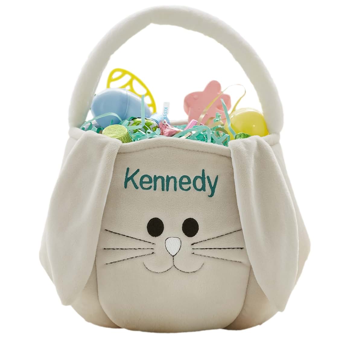 Personalization Universe Personalized Plush Teal and Grey Easter Bunny Basket Bag – Custom Kids Easter Gift – Baby's