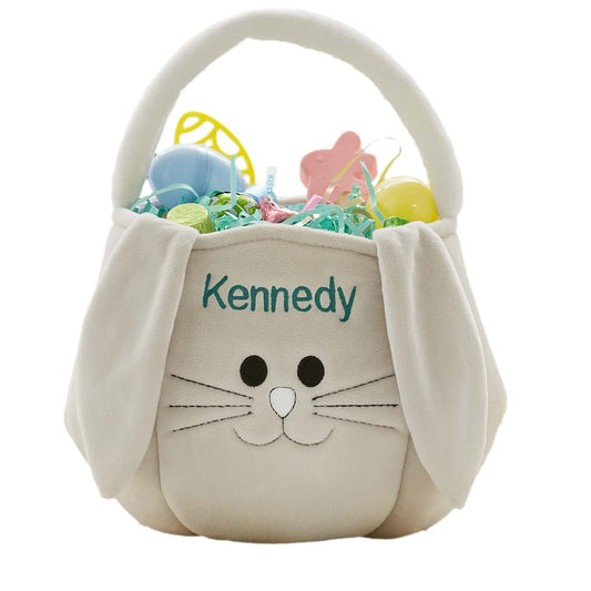 Personalization Universe Personalized Plush Teal and Grey Easter Bunny Basket Bag – Custom Kids Easter Gift – Baby's