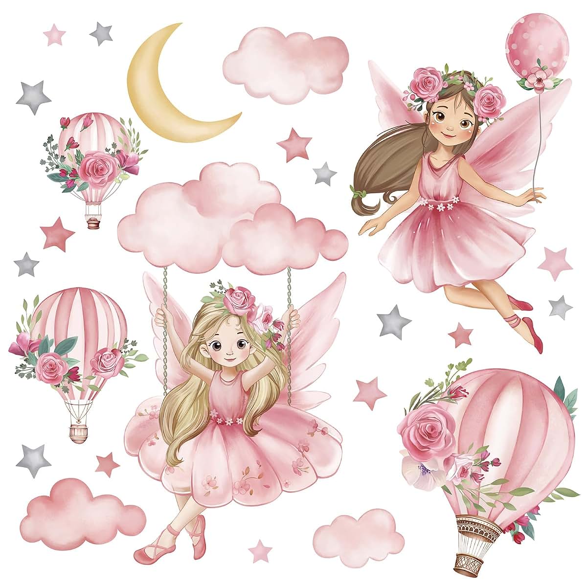 Wondever Pink Fairy Swing Wall Decals - Removable PVC Art Stickers