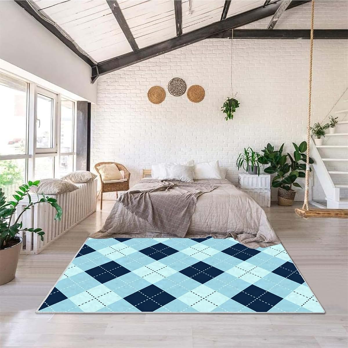 Syhi Qlty Plaid Rug Washable Area Rug, Blue and Teal Checkered 3x5