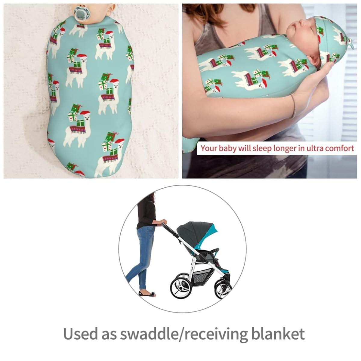 Muishi Cute Christmas Llamas Newborn Swaddle Blanket and Hat Set