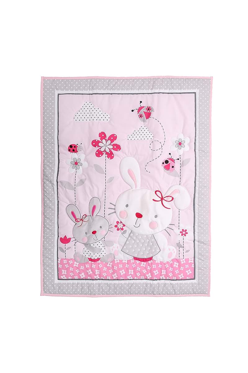 CribMATE Nursery Crib Quilts for Baby Girl Baby Boy Baby Crib Bedding Quilted Comforter (Pink Rabbit)