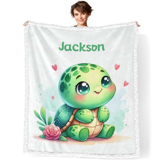 NZOOHY Green Sea Turtle Fish Personalized Sherpa Baby Blankets for Boys Girls,Soft Newborn Naps Custom Name Blanket for
