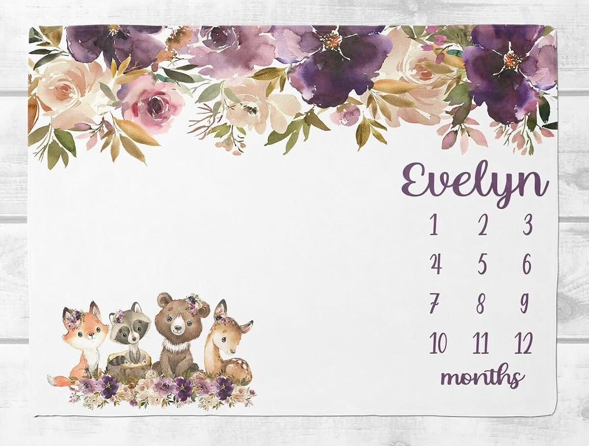 UnoCo Floral Woodland Milestone Blanket Girl, Forest Animals Baby Month Blanket, Personalized Baby Girl Shower Gift