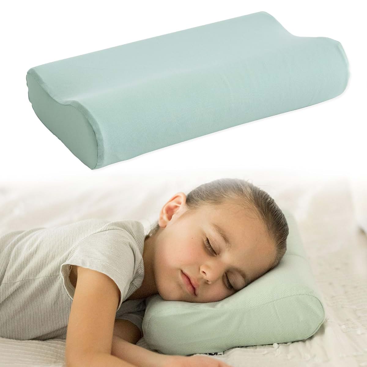 Tiny Twinkle Toddler Pillow with Fitted Pillowcase, Sage, Ergonomic Memory Foam for Kids Travel and Bed Transition