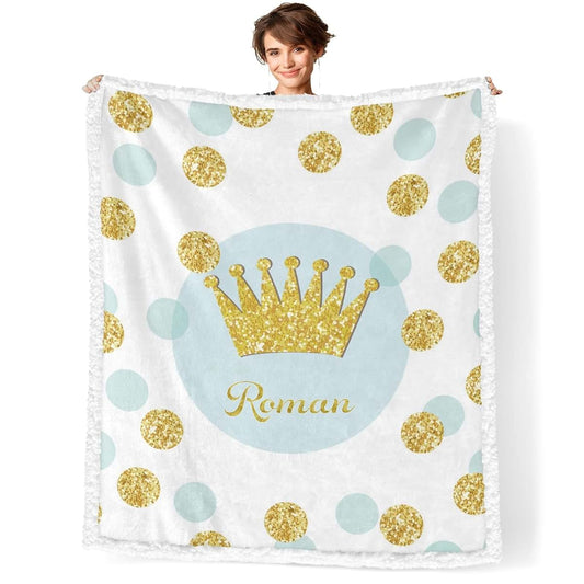 NZOOHY Blue Dots Gold Crown Personalized Sherpa Baby Blankets for Boys Girls,Soft Newborn Naps Custom Name Blanket for