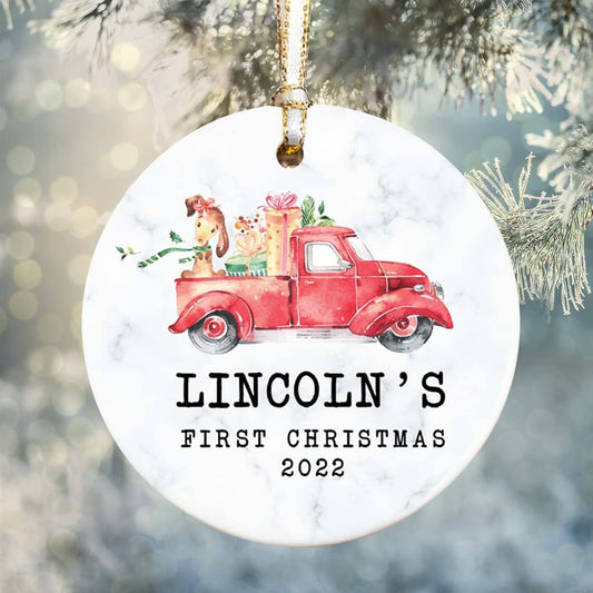 CHOPIE Baby's First Christmas Ornament 2022 with Personalized Name for Baby Boy, Red Truck Baby 1st Christmas Keepsake
