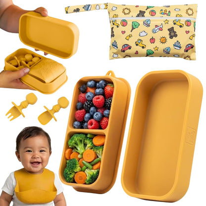 Baby Travel Feeding Set with Silicone Suction Plates Yellow Small