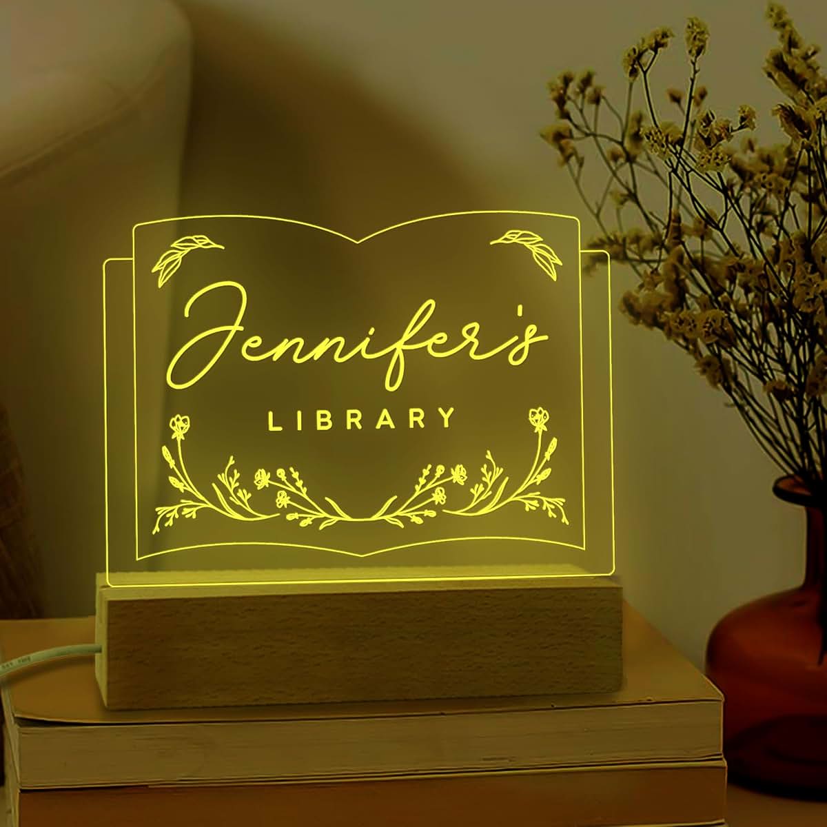 BEETHIS Personalized Name Library Night Light Acrylic LED Book Lamp