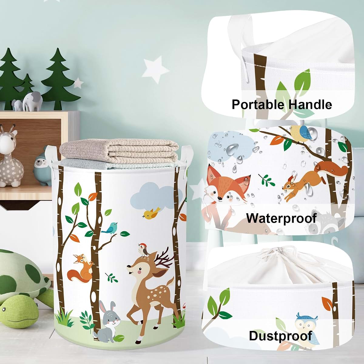 Stars of Dream Woodland Animals Baby Laundry Hamper, 63L Collapsible Basket