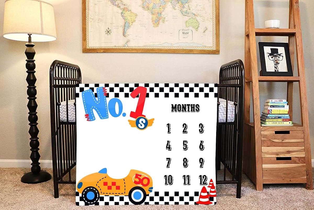 LUCKBTY Racing Car Milestone Blanket, 48x40 Inch Polyester Baby Growth Chart with Wreath & Frame