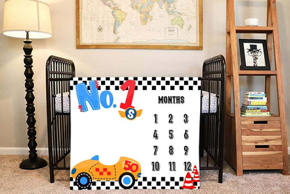 LUCKBTY Racing Car Milestone Blanket, 48x40 Inch Polyester Baby Growth Chart with Wreath & Frame