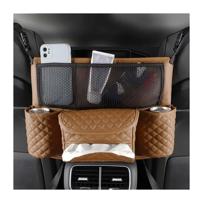 zipelo Car Handbag Holder Between Seats, PU Leather Multi-Pocket Organizer, Brown