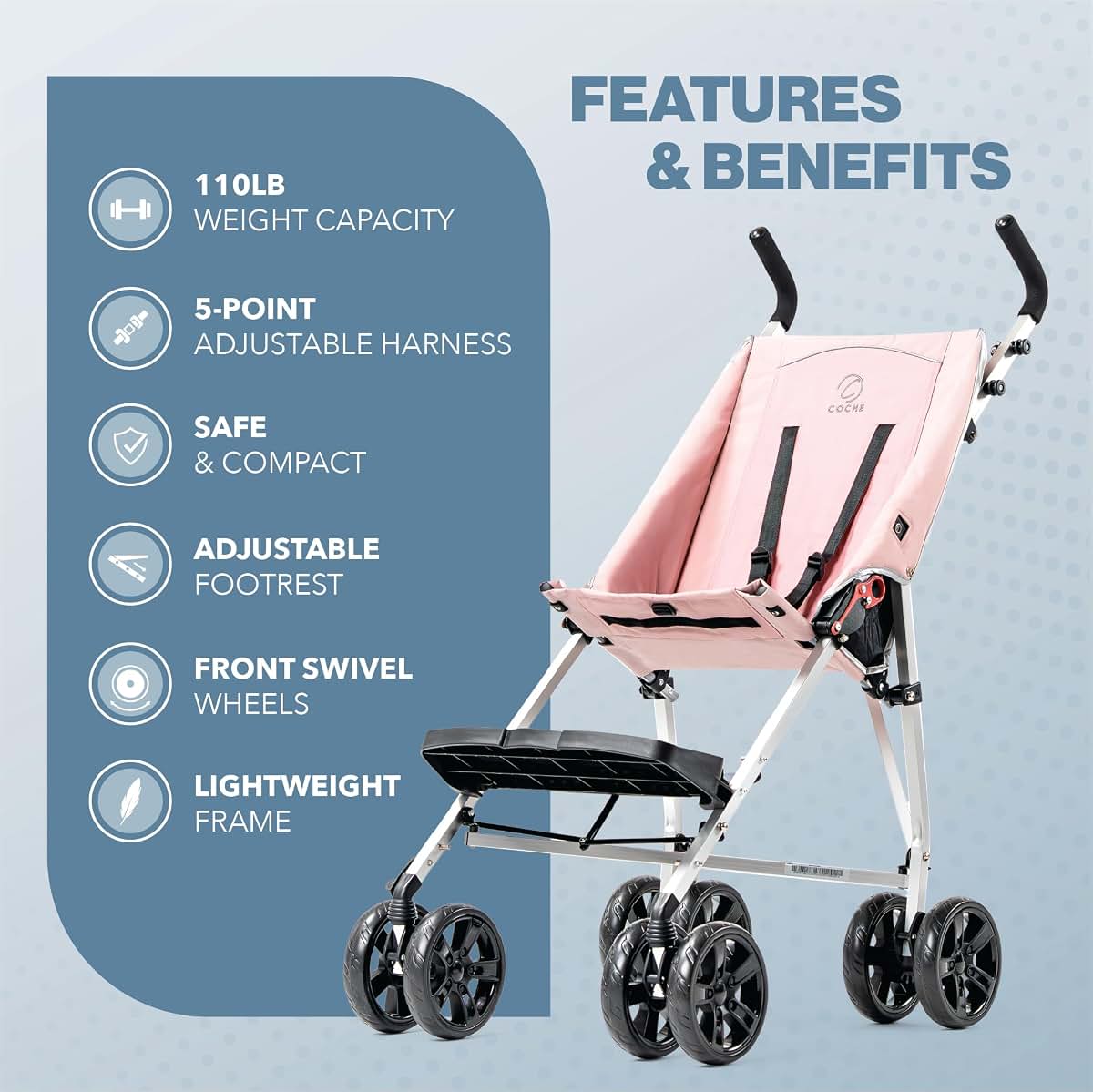 Coche XL Special Needs Stroller for Older Children, Lightweight Aluminum Frame, Pink