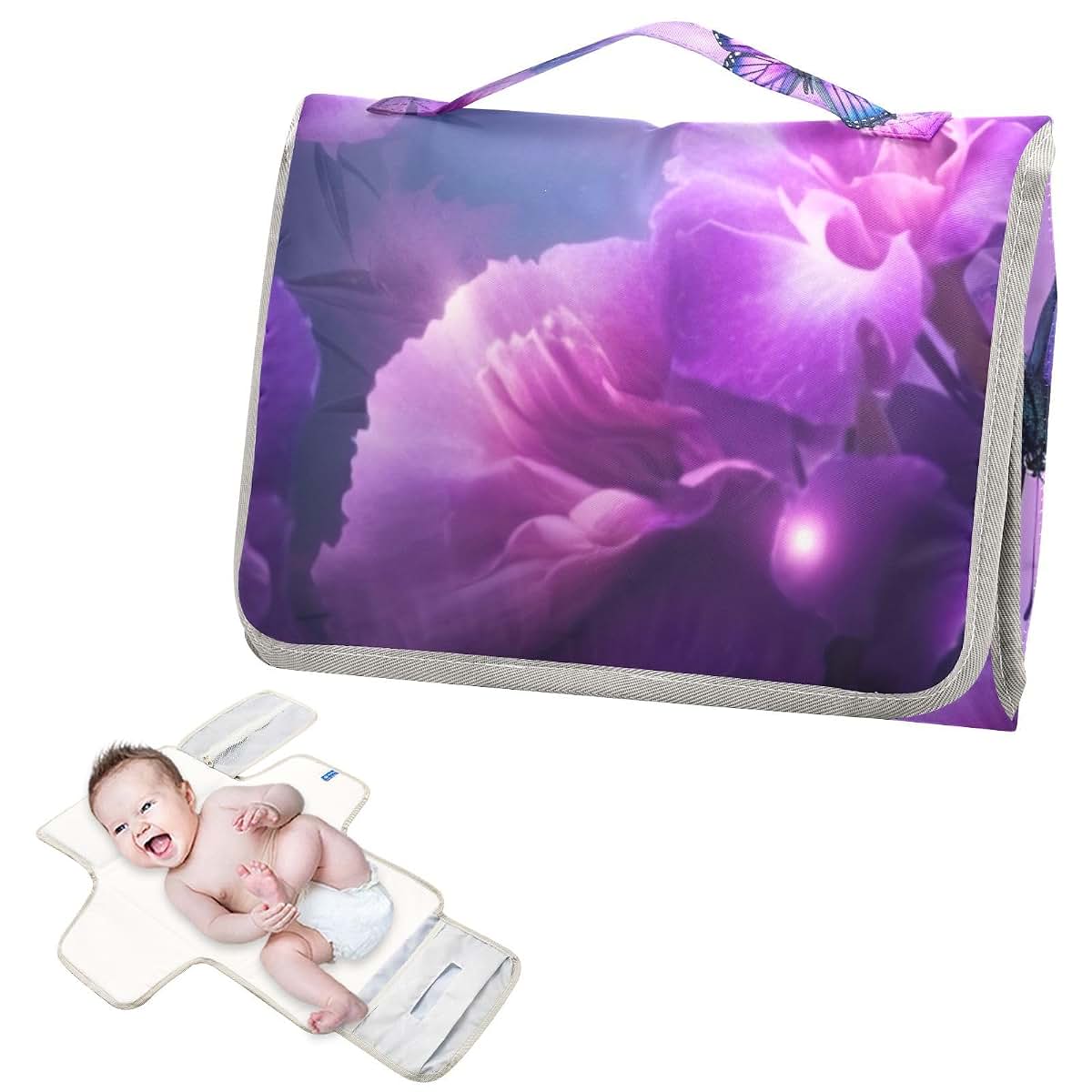 BabyOneStop Portable Changing Pad for Baby Purple Butterfly Waterproof Travel Mat with Built-in Pillow