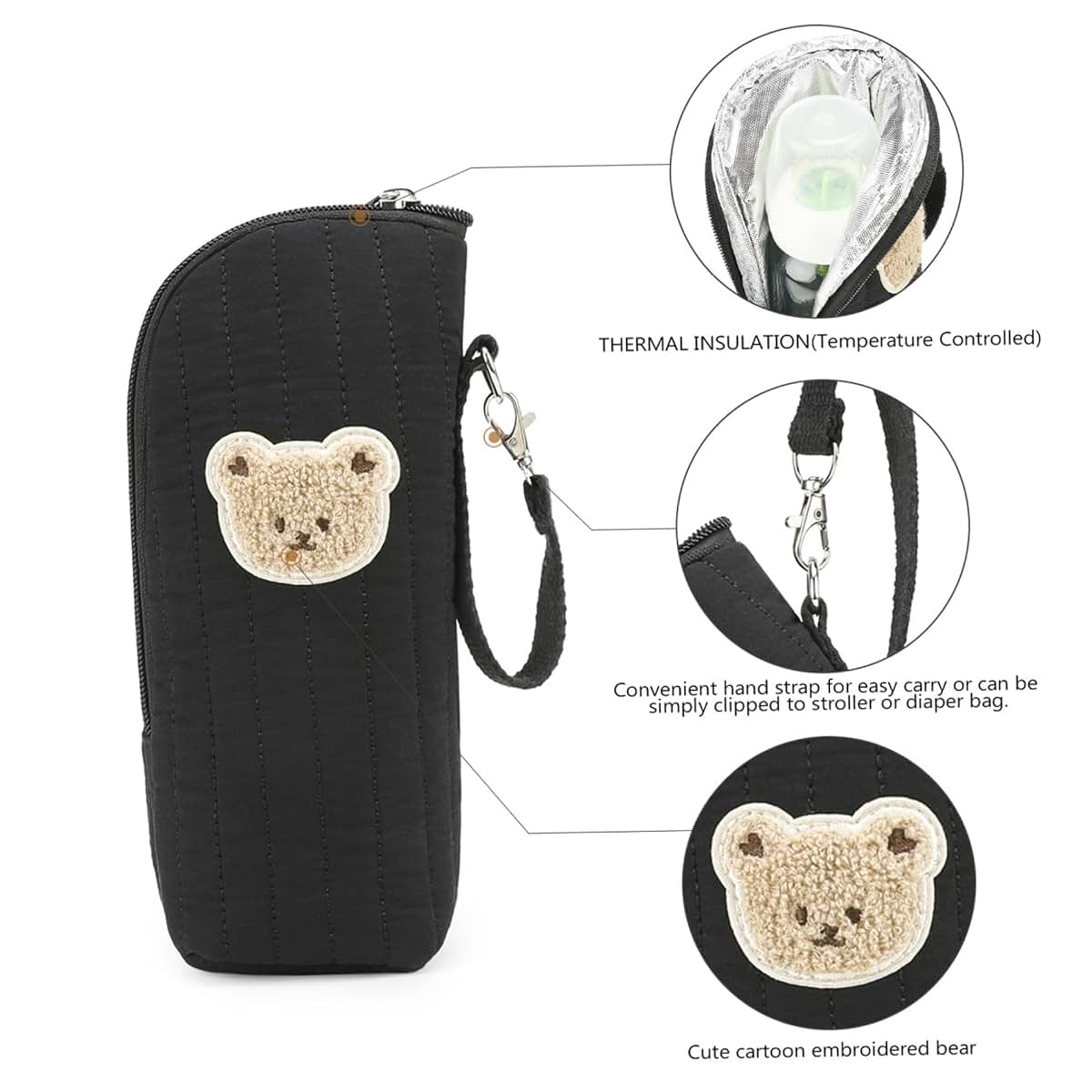 Monetais Insulated Baby Bottle Bag with Adorable Bear Embroidery - Breastmilk Cooler Travel Bag for On-the-Go, Portable