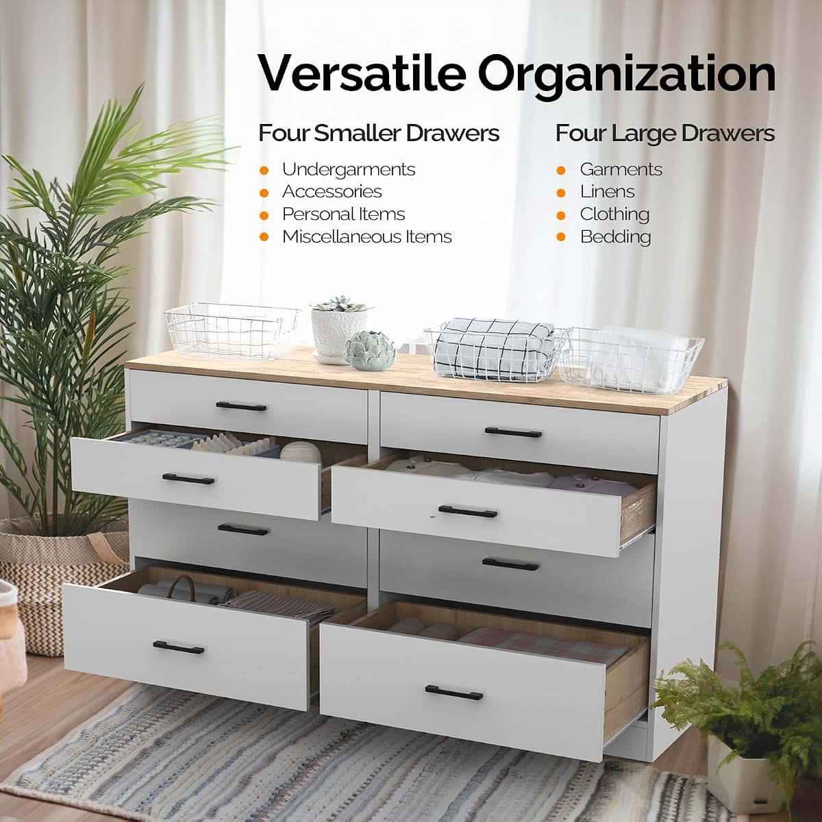 Vingli 8 Drawer Dresser 56 Inch Long White Nursery Storage