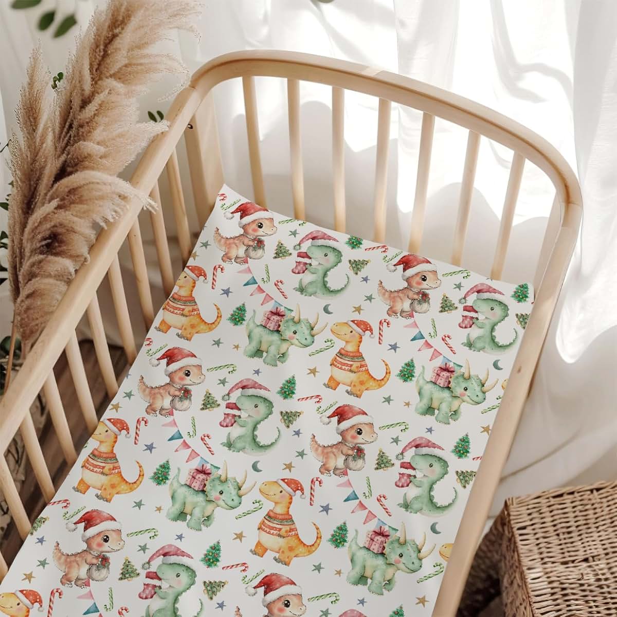 Wicbfdfv Cute Christmas Dinosaurs Pine Trees Red Green Baby Crib Sheet for Boys & Girls 52x28Inch Dino Candy Gift Moon