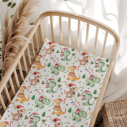 Wicbfdfv Cute Christmas Dinosaurs Pine Trees Red Green Baby Crib Sheet for Boys & Girls 52x28Inch Dino Candy Gift Moon