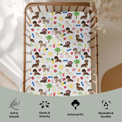 Dachshund Summer Beach Fitted Crib Sheets for Standard & Toddler Mattresses