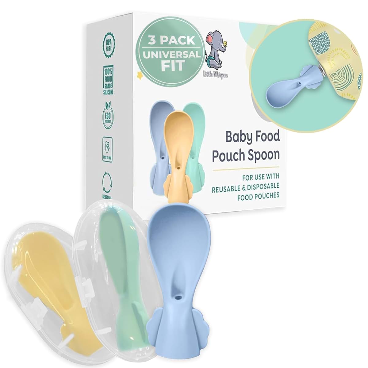 LittleWhispers Baby Pouch Spoon Attachment, 3-Pack Silicone Squeeze Pouch Toppers with Travel Cases