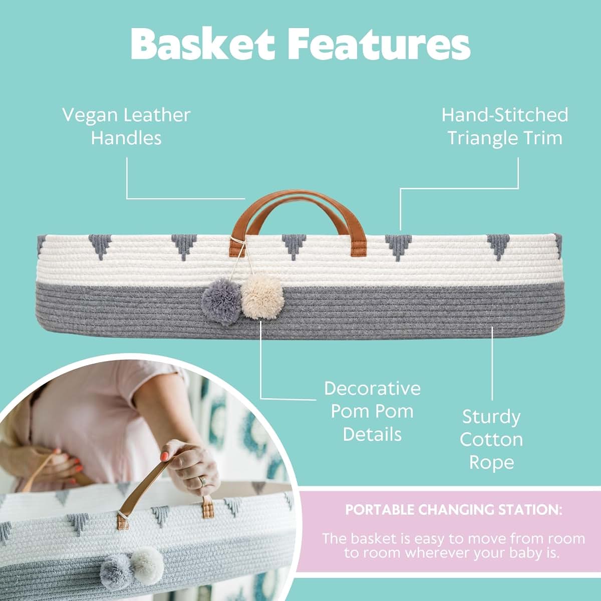 Vesta Baby Woven Cotton Rope Moses Changing Basket With Foam Pad (photo 2)
