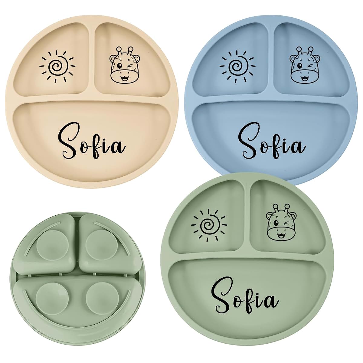 Folksybliss Personalized Silicone Toddler Plates 3 Pack with Suction, Divided Baby Plates for Self Feeding, Custom Name