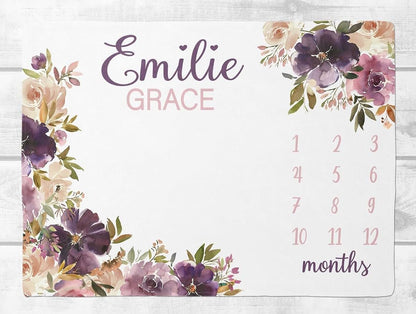 UnoCo Mauve Floral Milestone Blanket Girl, Vintage Floral Baby Month Blanket, Personalized Baby Girl Shower Gift, Baby