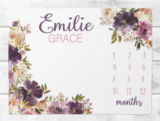 UnoCo Mauve Floral Milestone Blanket Girl, Vintage Floral Baby Month Blanket, Personalized Baby Girl Shower Gift, Baby