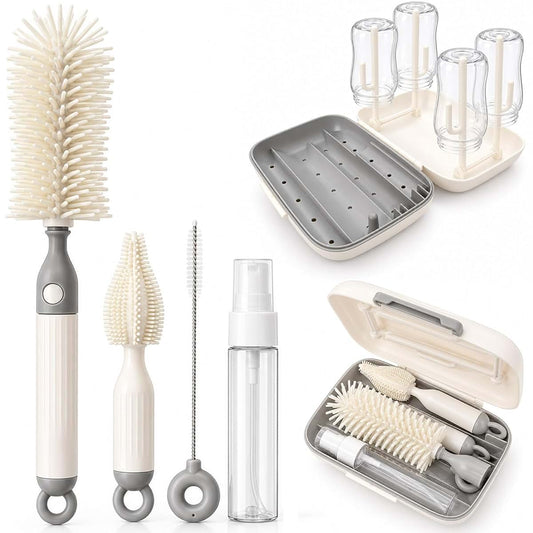 ZAWOW 7-in-1 Baby Bottle Brush Set with Drying Rack, Home & Travel, Gray