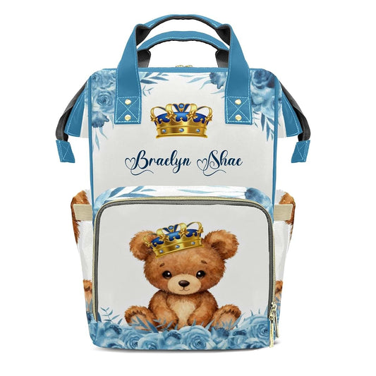 YallLocoMo Personalized Diaper Bag Backpack Name Gloden Crown Teddy Bear Waterclor Floral Multifunction Travel Backpack
