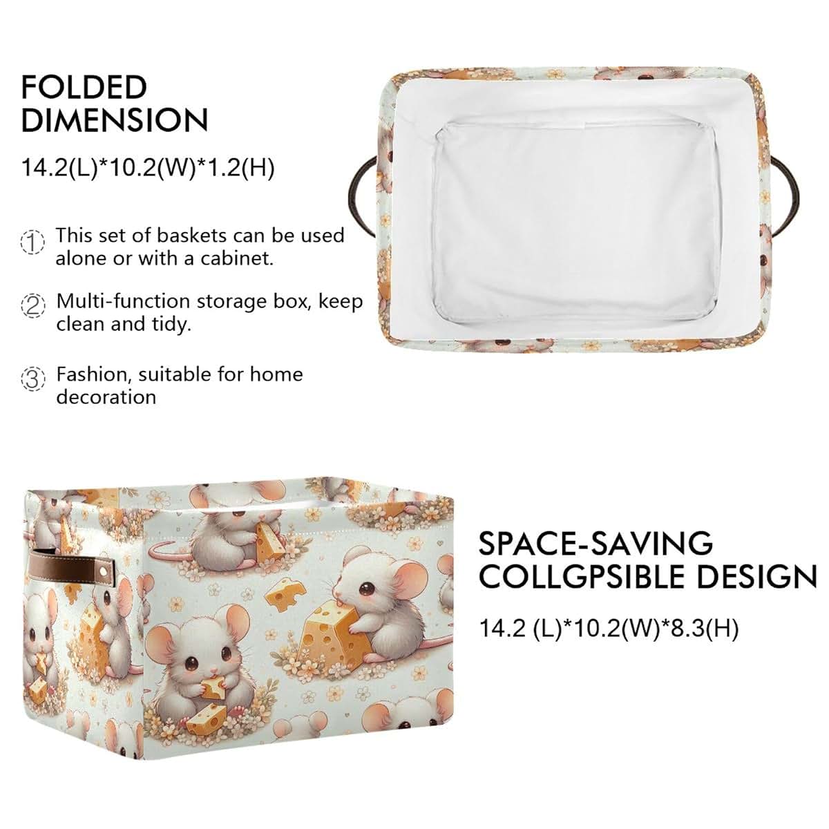 Maunzc Cute Fluffy Mices Storage Bin, Collapsible Canvas Basket with Metal Frame and Handles, 1-Pack