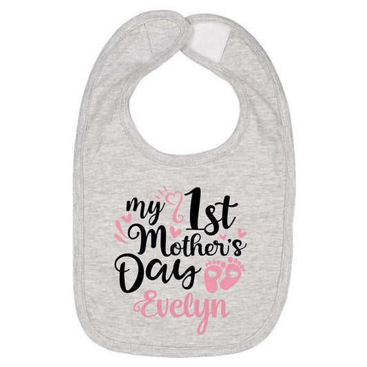 Smiling Jindo Personalized My 1st Mother’s Day Baby Bib – Cute Footprint Design, Custom Name – Soft Cotton Jersey