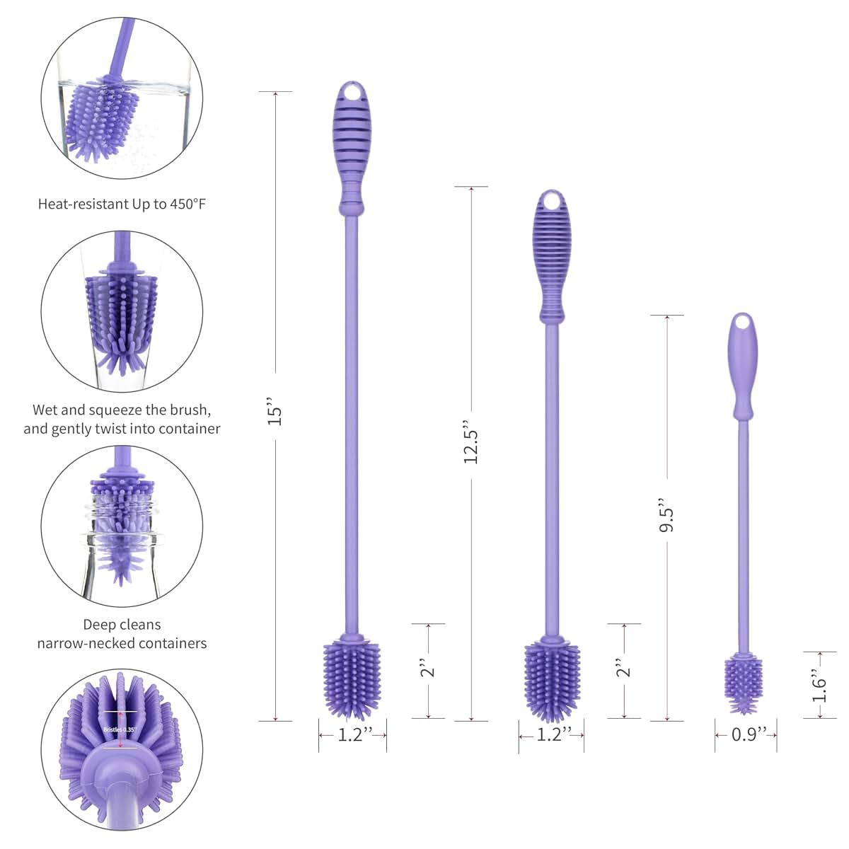 A-Brush Silicone Bottle Cleaner Brush, 3 Piece Set, Long Handle - Water Bottle Cleaner, Baby Bottle Nipple Brush for (photo 2)