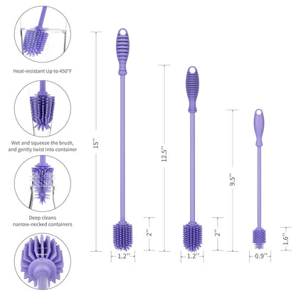 A-Brush Silicone Bottle Cleaner Brush, 3 Piece Set, Long Handle - Water Bottle Cleaner, Baby Bottle Nipple Brush for (photo 2)