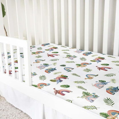 Hwmmbh Colorful Dinosaurs Rainbow Tropical Leaves Baby Crib Sheet, 52''x28'' Stretch Fitted