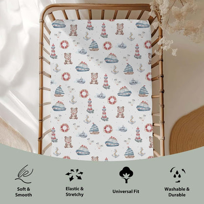 BabyOneStop Sailor Bear Watercolor Crib Sheet 52x28, Coastal Nautical Lighthouse Anchors Boats Fitted Polyester
