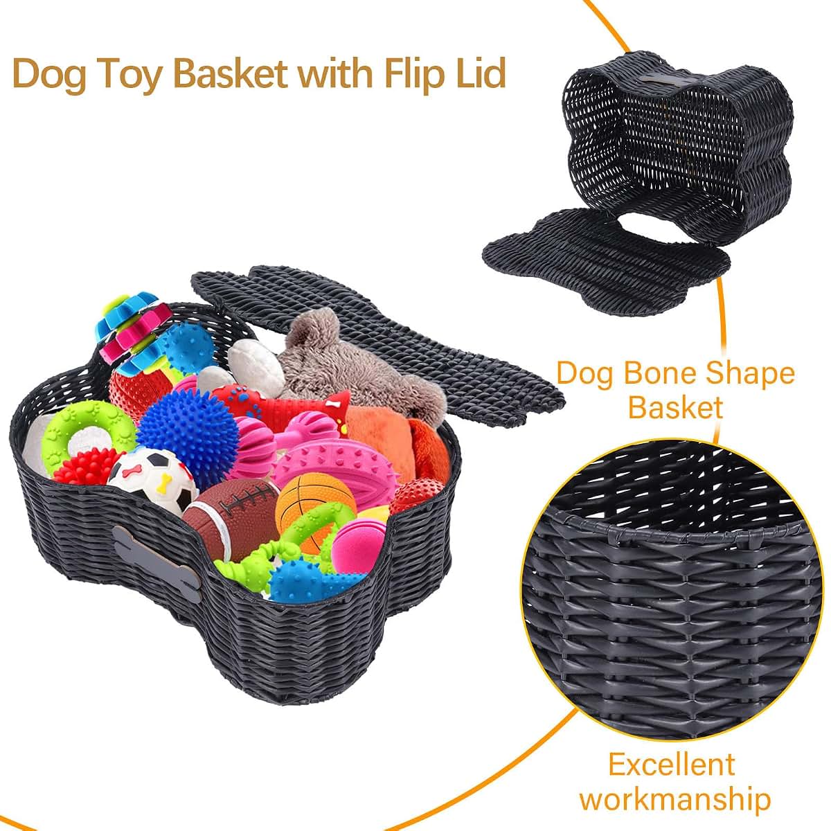 Brabtod Poly Wicker Dog Toy Basket With Lid And Name Tag
