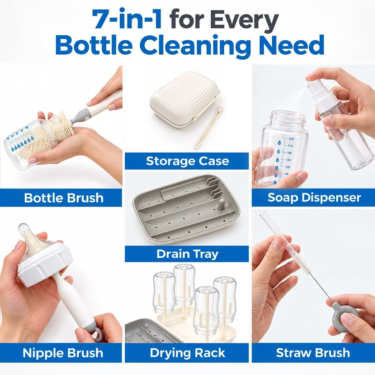 ZAWOW 7-in-1 Baby Bottle Brush Set with Drying Rack, Home & Travel, Gray (photo 2)