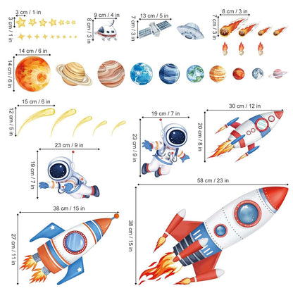 wondever Outer Space Rockets Wall Decals Planets Astronaut Wall Stickers (photo 4)